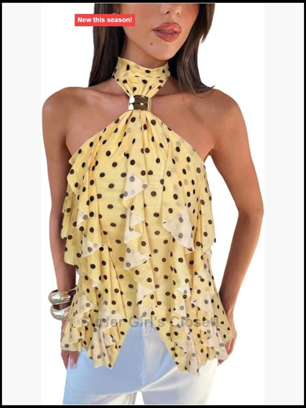 Sheer Mesh Halter Top Ruffle Trim Tie Knot Back Sleeveless Asymmetrical